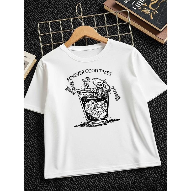 European sizes Skeletons Drink Ice Spooky Fun Cotton Boys T-Shirt Boys Creative T-Shirt, Casual Weight Comfortable Short Sleeve Top 110 белый