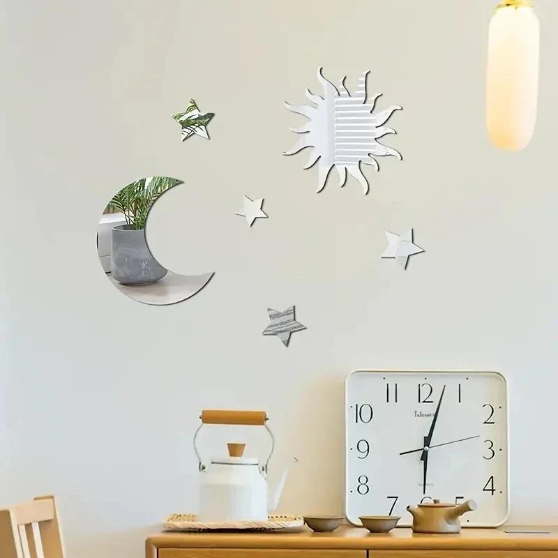 6Pcs Star & Moon Combination Mirror Wall Sticker - Ramadan Kareem Decor, Bedroom & Living Room Holiday Birthday Supplies