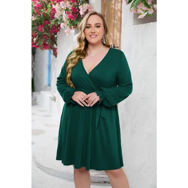 Spring and Autumn Women's Dress Plus Size Fashion Temperament Solid Color V-Neck Dresses
