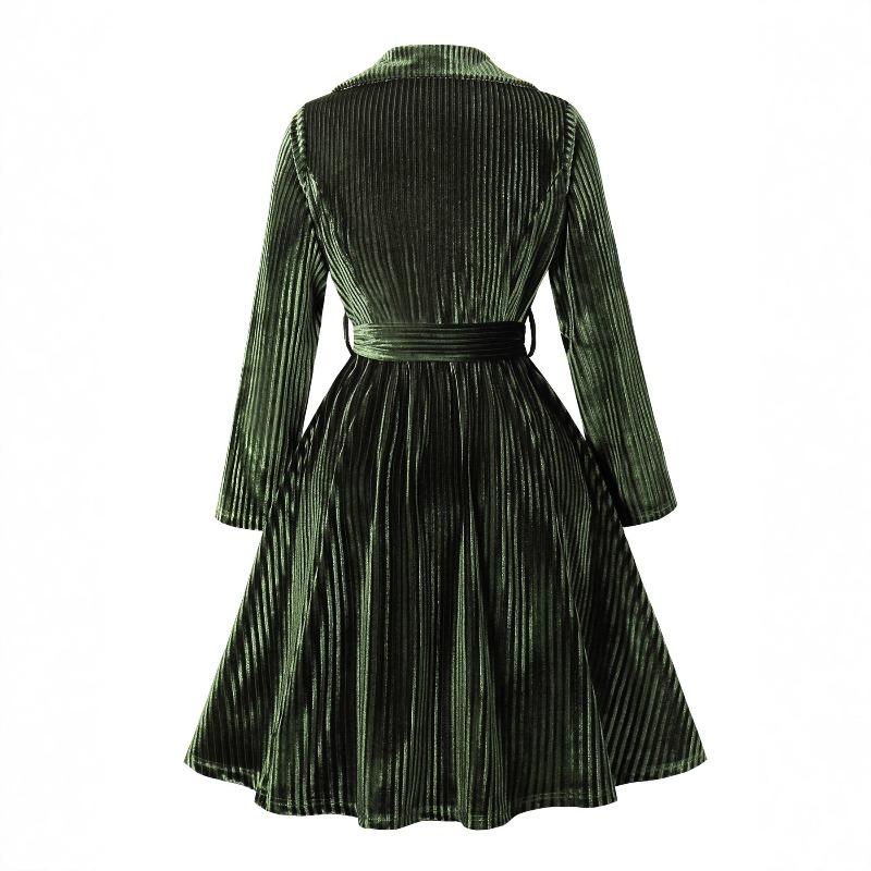 Women's Vintage Autumn/Winter Velvet Elegant V-Neck Long-Sleeve Tie-Waist Christmas Full-Skirt Dress
