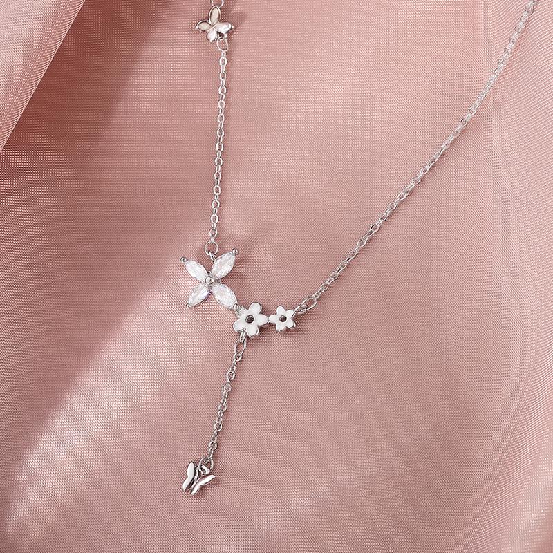 925 Silver Flower Necklace Women Simple Elegant Shiny Zircon Butterfly Tassel Clavicle Chain Wedding Jewelry Gift