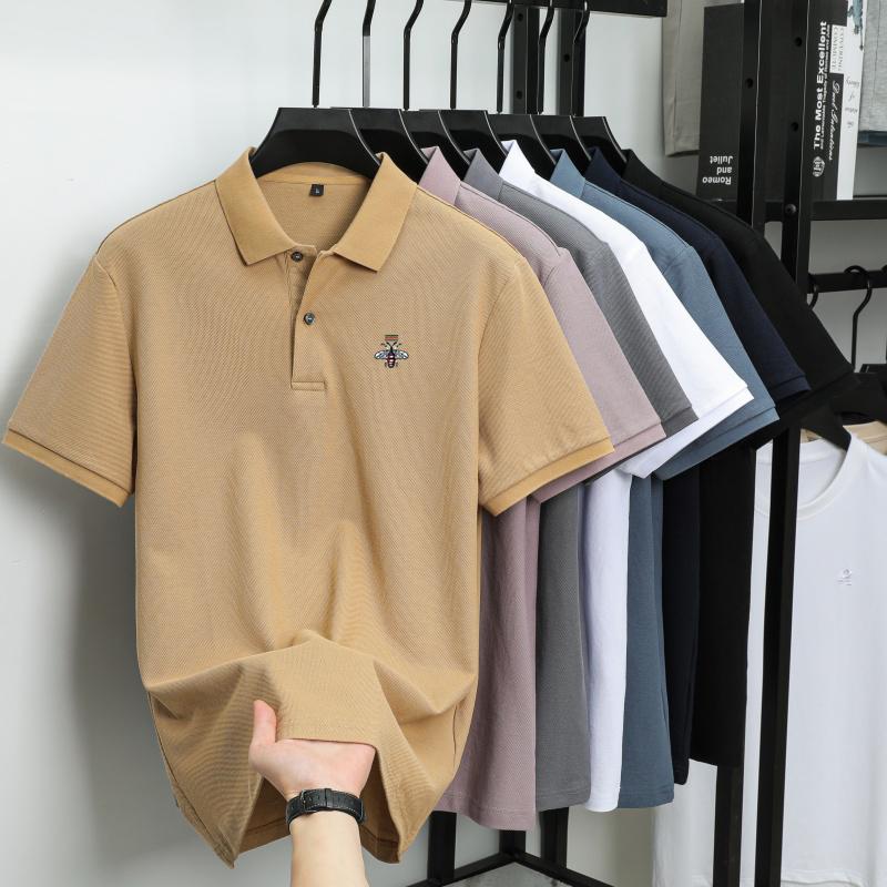 Summer Men's New Bee Embroidered Solid Color Mercerized Cotton Loose Moisture Wicking and Quick Drying Casual Polo Shirt