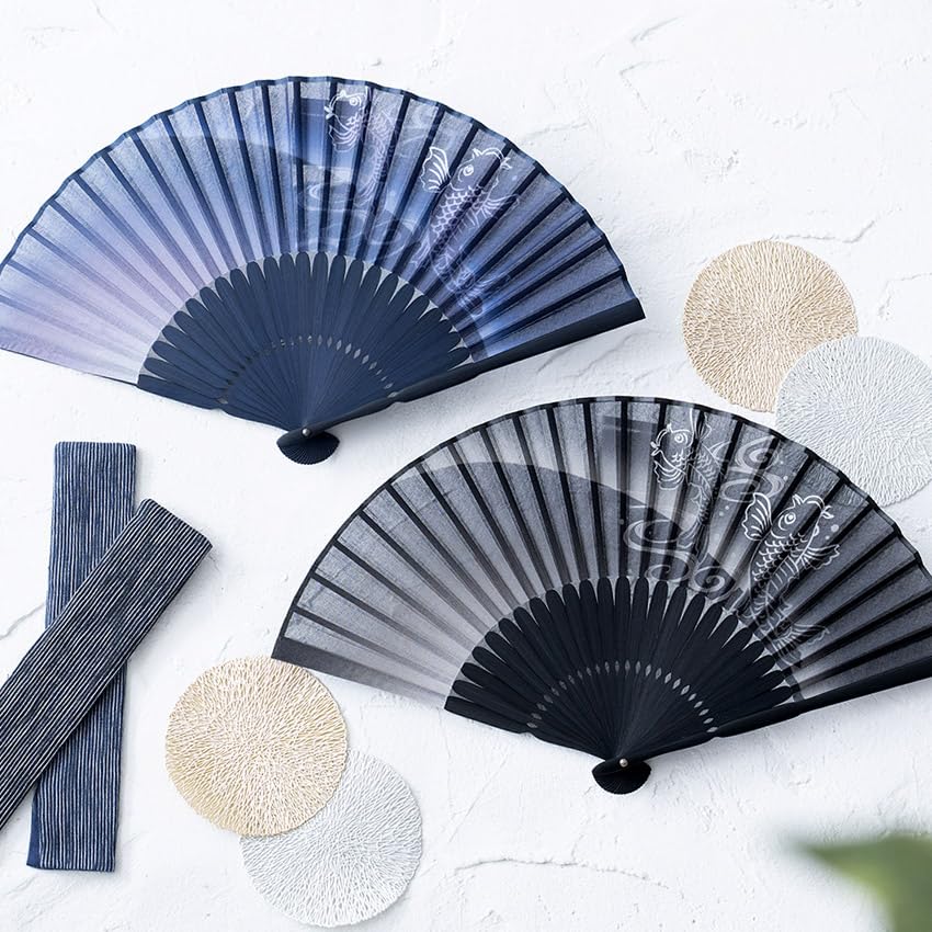 Stylish Folding Business with Folding Fan Bag and Rising Carp Design [Osaka Choseido] Men's Fan, Style, Handkerchief, (Black)