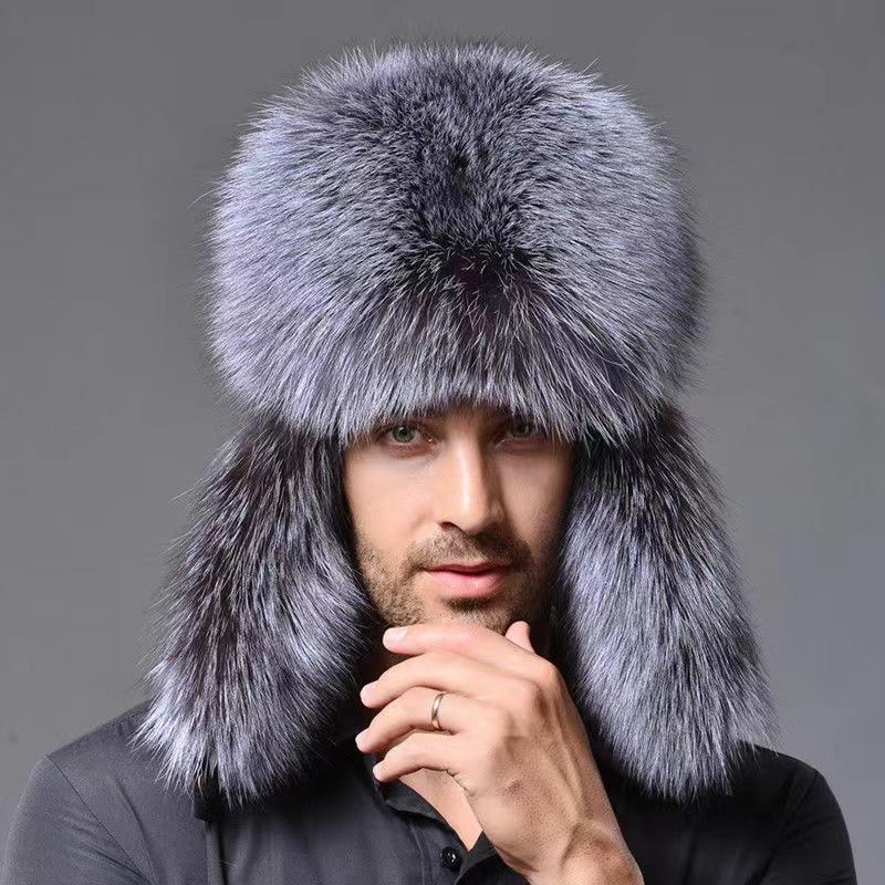 Fox hair Lei Feng hat, men's winter thickened fur cycling warm windproof ear protection hat, ski hat Russian outdoor