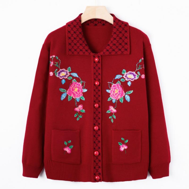 Middle-aged and Old Women's Clothing New Autumn Embroidered Sweater Jacket Grandma Knitted Sweater Lapel Top Mom Cardigan