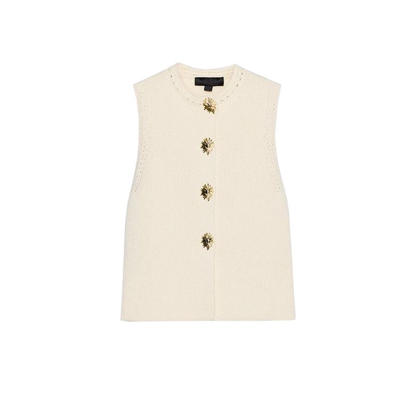 Summer New Women Clothes Gold Decorated Row Button Knitted Round Neck Sleeveless Simple Vest Style Top 6771068