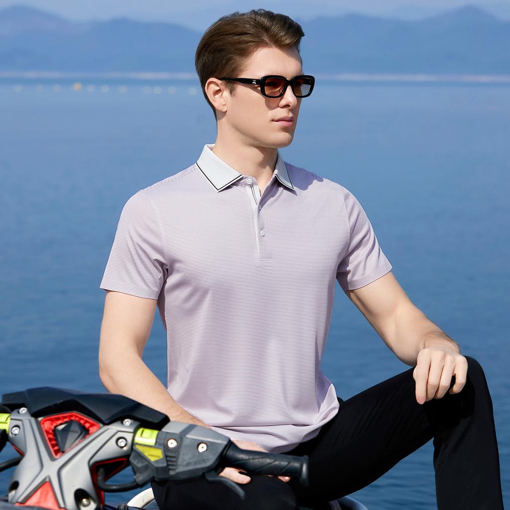 [Heavy Acetic Acid] Mulberry Silk Plaid Collar Short Sleeve Polo Shirt Men's Cool Silk Slippery Casual T-shirt