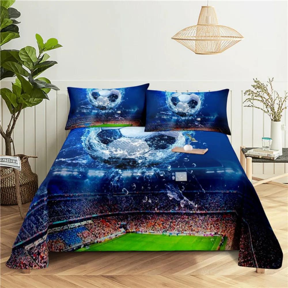 Set Cearșaf de Pat Fotbal Desene Animate Imprimeu Digital Poliester Cearșaf Plat și Față de Pernă 2/3 buc Lenjerie de Pat pentru Băieți Adolescenți Copil