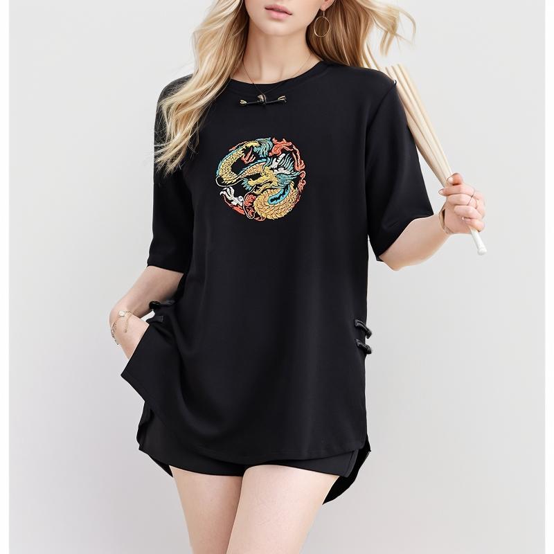 

Dimanaf 2024 Новая летняя женская свободная футболка больших размеров с круглым вырезом, хлопковая рубашка с вышивкой, повседневные базовые топы с коротким рукавом L чёрный