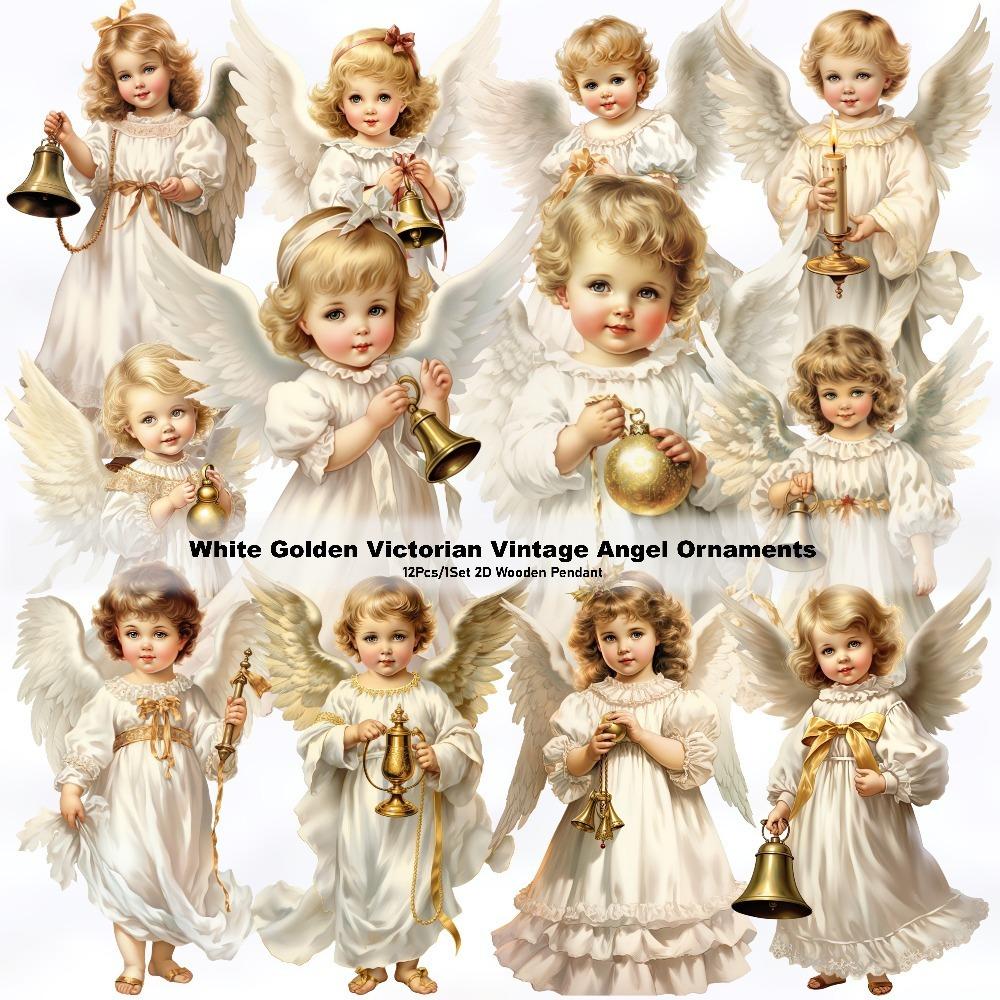 Wooden Xmas Tree Pendant 2D Flat Christmas Decorations Vintage Victoria Angel Ornament Set