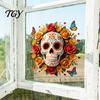 Spooky Party Window Ornament Day of The Dead Skull Flower Static Sticker, Colorful Mexican Floral Glass Creative Holiday Gifts for Friends Halloween