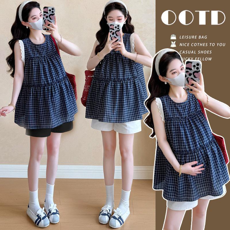Summer 2026 Flutter Sleeve Lace Plaid Maternity Top & Belly Support Shorts Set XL