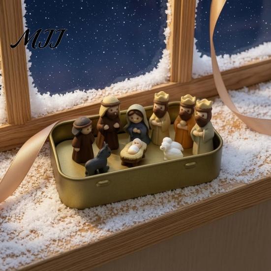 Nische Kreatives Weihnachtsgeschenk Mini-Weihnachtskrippe in einer Blechdose, 3D-gedruckte Taschengröße Heilige Familie Retro Metall-Aufbewahrungsbox Figuren,