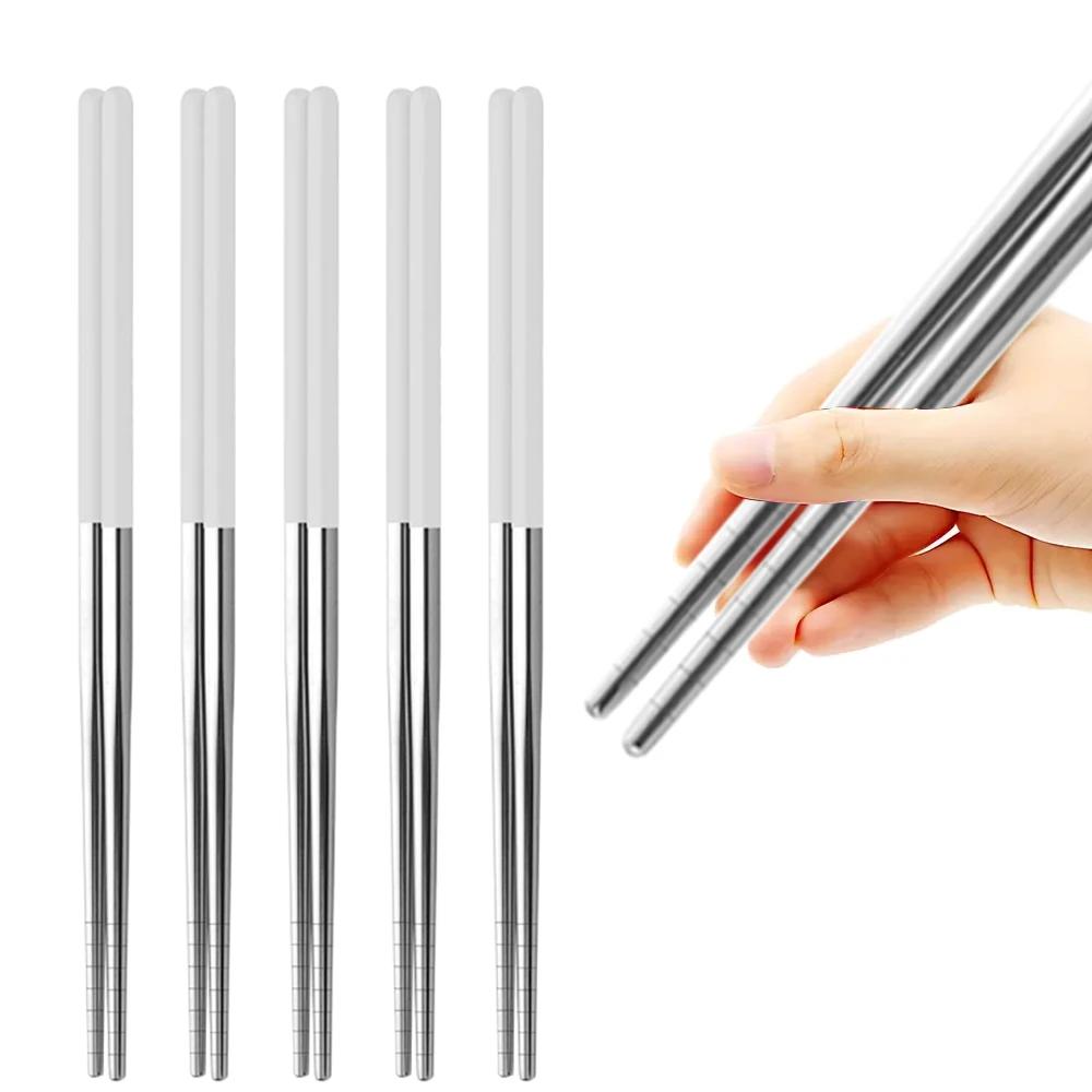 5Pairs Metal Stick Chopsticks Stainless Steel White Gold Non-slip Sushi Korean Japanese Chopstick Reusable Kitchen Tableware