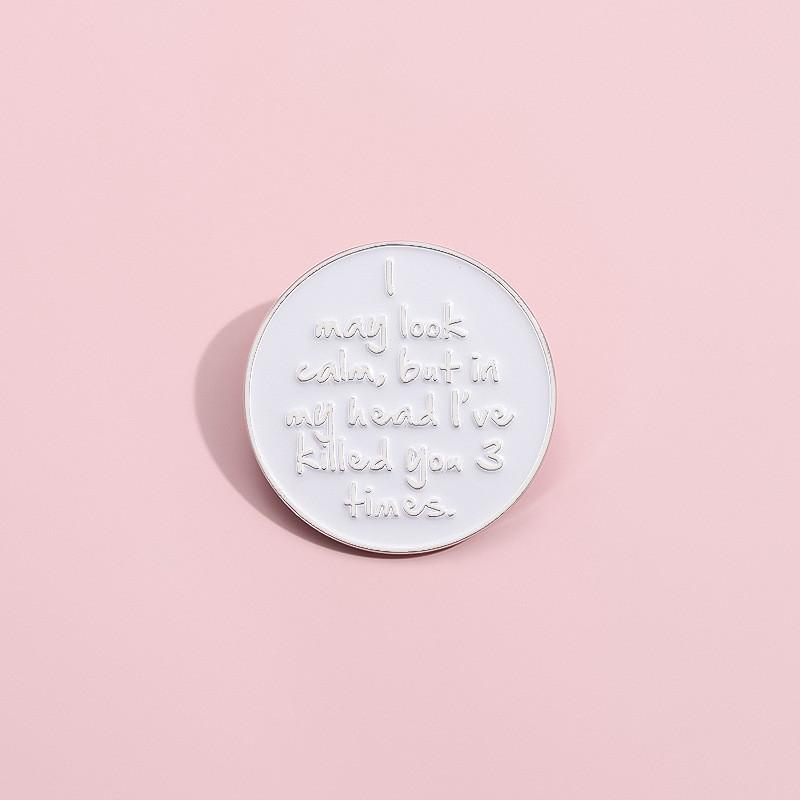 Chic Letter White Brooch Artistic Round Metal Pin Glossy Finish For Fashion Lovers