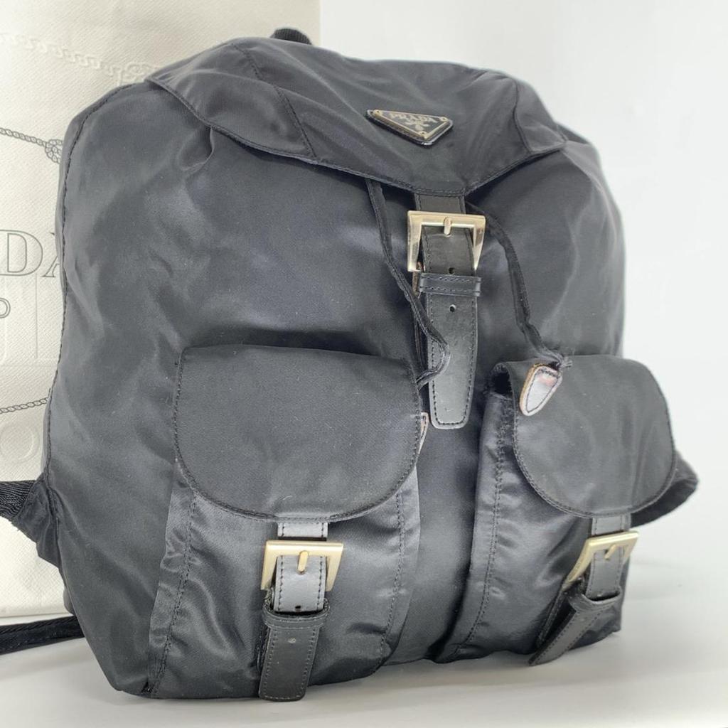 PRADA Rucksuck Backpack Daypack Tessuto Nylon Leather Silver Hardware Black Women's Triangle Logo Plate