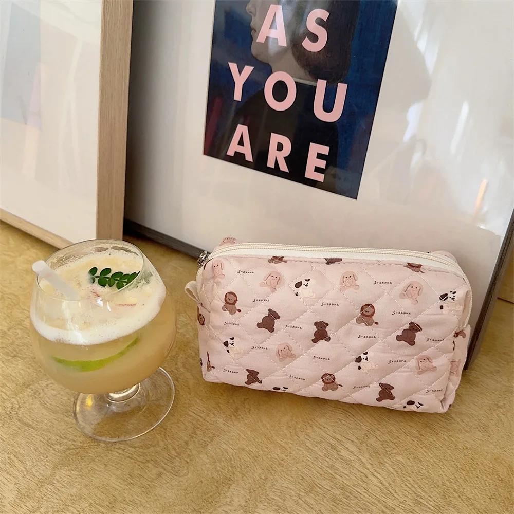 1 Piece Ins Sweet Pencil Case for Student Cartoon Bear Floral Bunny Makeup Bag Portable Large Capacity Stationery Storage Bag