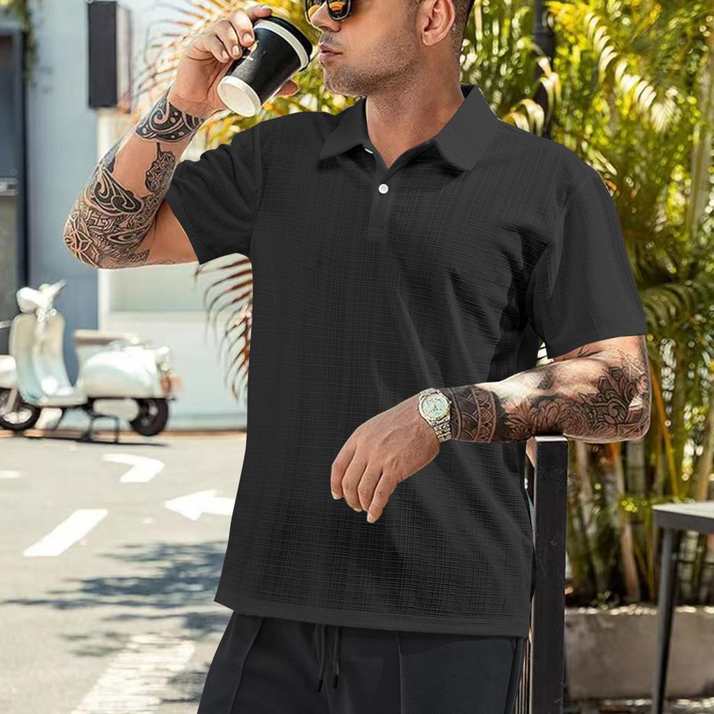 Solid Color Polyester Small Grid Lapel Shirts Men's Short Sleeve Polo Shirts