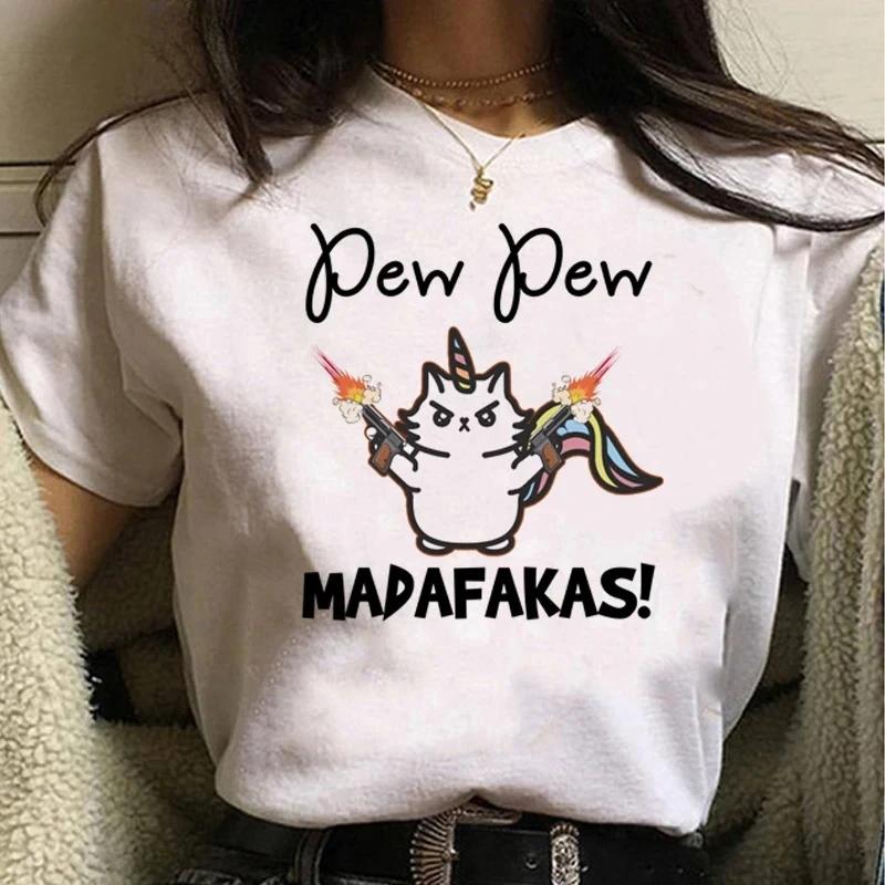 Pew Pew Madafakas T Shirt Women Kawaii Summer Tops Cartoon Tshirt Funny Black Cat Graphic Tees Unisex Harajuku Streetwear FeUnisex