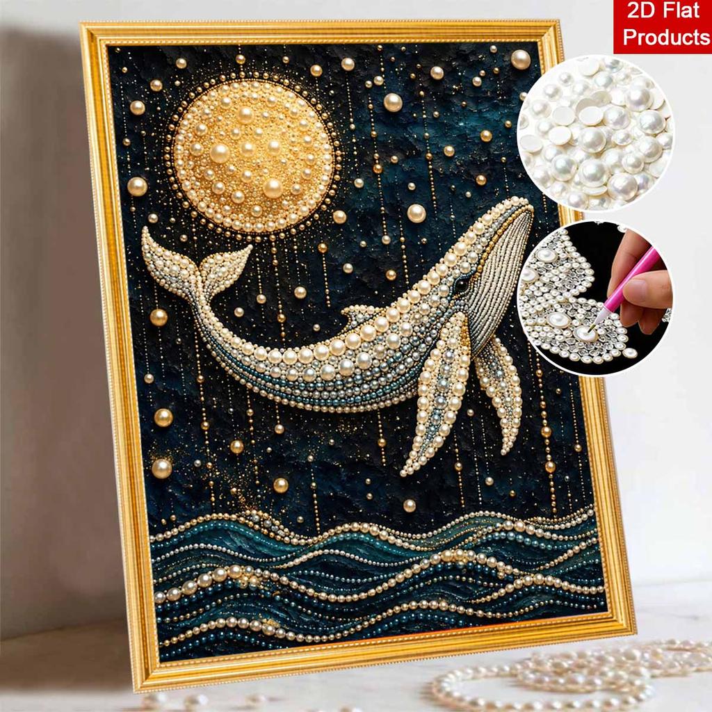 Unique 5D Framed Pearl Painting Kit with Ocean Whale and Full Moon Pattern Sparkling Bead Art Canvas DIY Handmade Craft for Living Room Decor