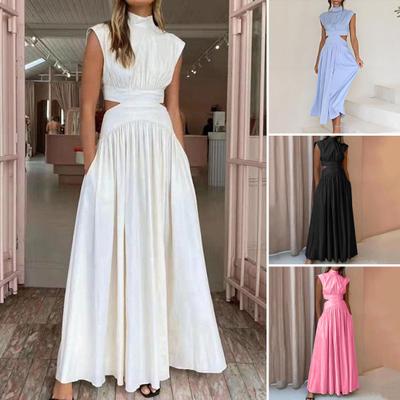 Women's Summer Sleeveless Long Dress Mock Neck Waist Hollow-Out Maxi Dress A Line Pleated Cocktail Party Dress