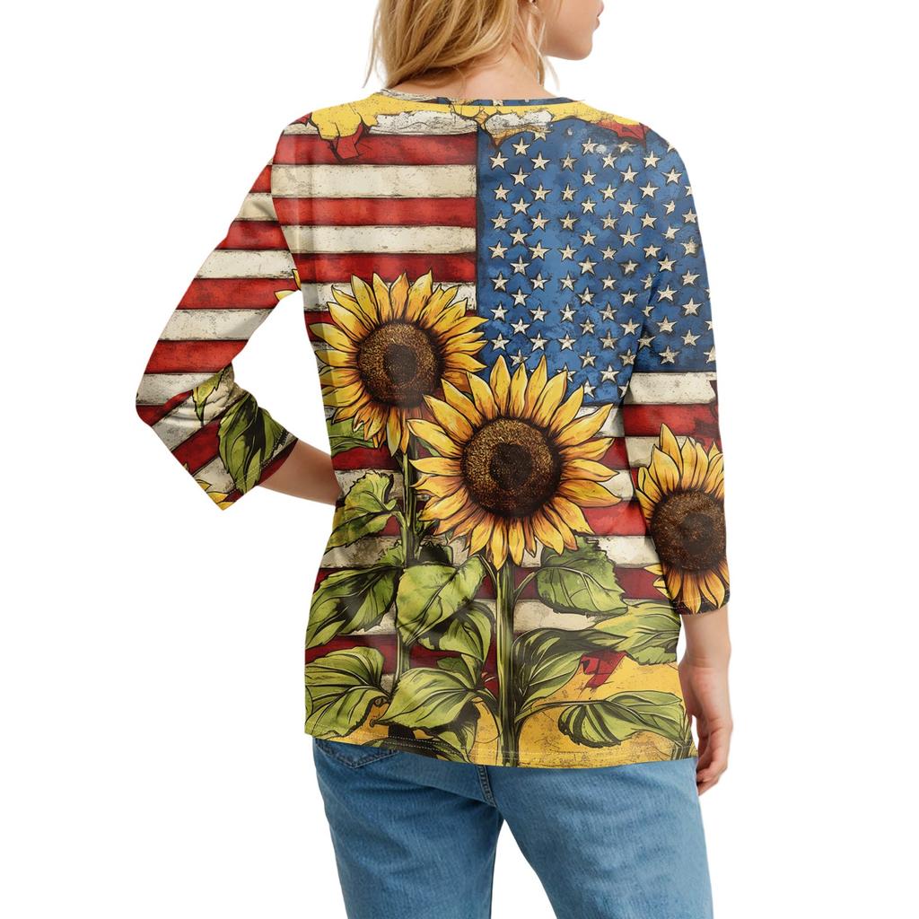 Women's T Shirt Tee Print Button 3/4 SleeveDaily Weekend Fashion Basic V- Neck Regular Top