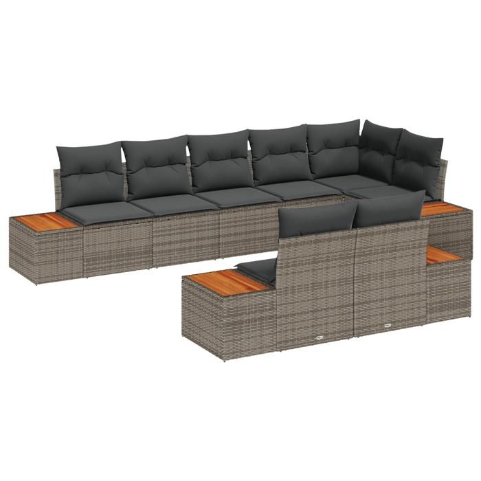 VidaXL Ensemble de 8 Canapés de Jardin avec Coussins Gris Poly Rattan Acacia 3348110