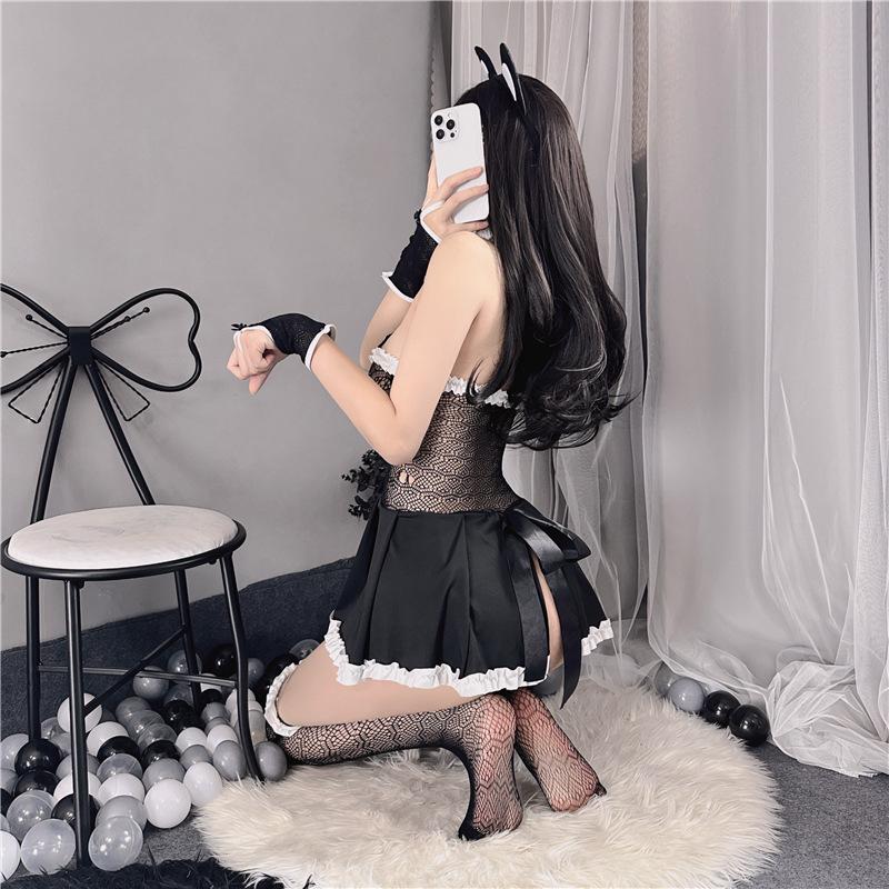 Erotic Cat Girl Lingerie Maid Costumes Women Sexy Tube Top Net Hollow Back Split Sweet Bow Hollow Nightgowns Anime Cosplay Dress