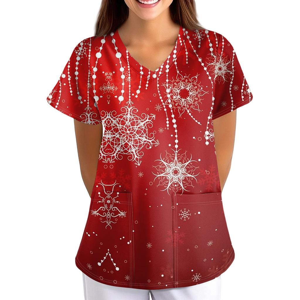 Women's Christmas Print Loose Fit V-Neck Short Sleeve Scrub Top with Pockets for Work