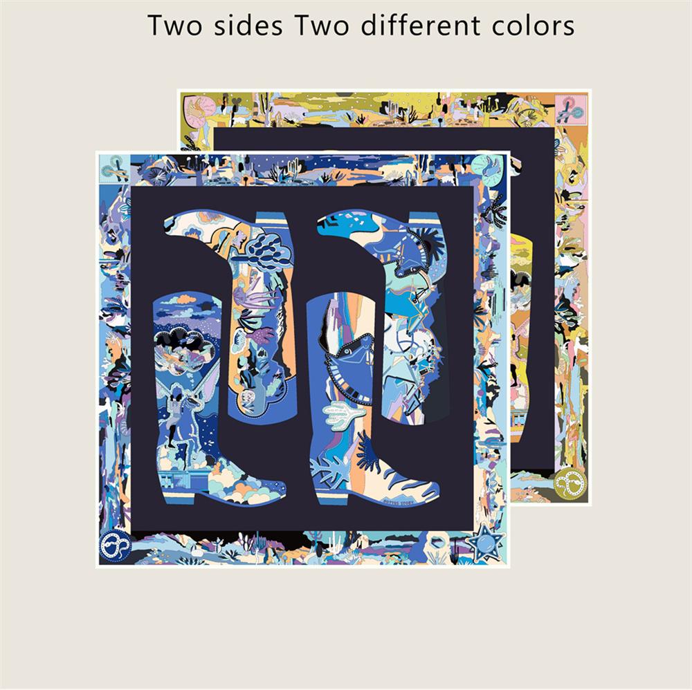 POBING Curled Twill Silk Scarf Women Leather Boots Double Side Printed Square Scarves Wraps Echarpes Foulards Femme Hijab 90CM