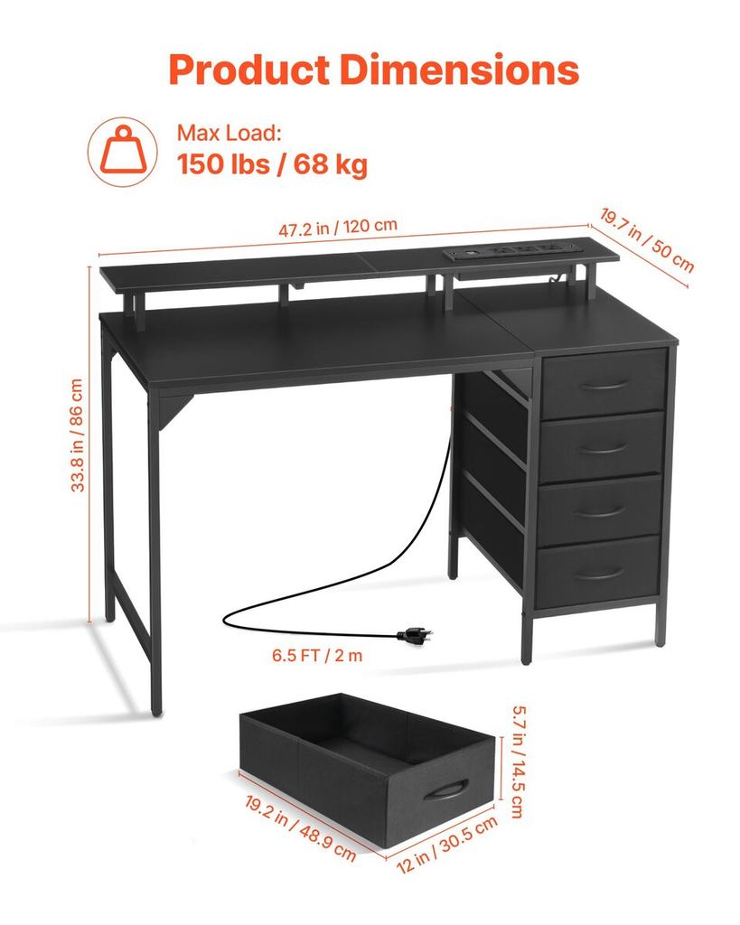 Biurko Komputerowe 120 cm ze Smart Oświetleniem LED i Gniazdkami, Biurko Gamingowe Office z 4 Dużymi Szufladami, Podstawka pod Monitor, do Nauki Pracy dla Domowego Biura,