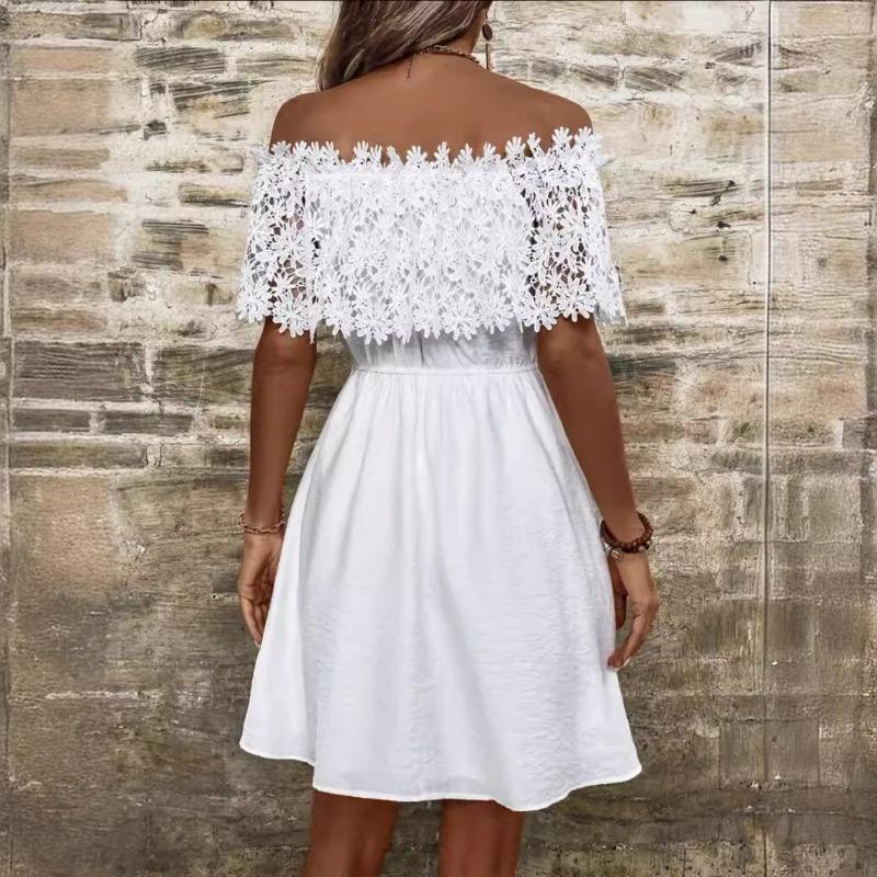 Vestido de verão feminino solúvel em água com renda e patchwork de uma linha e ombro de fora