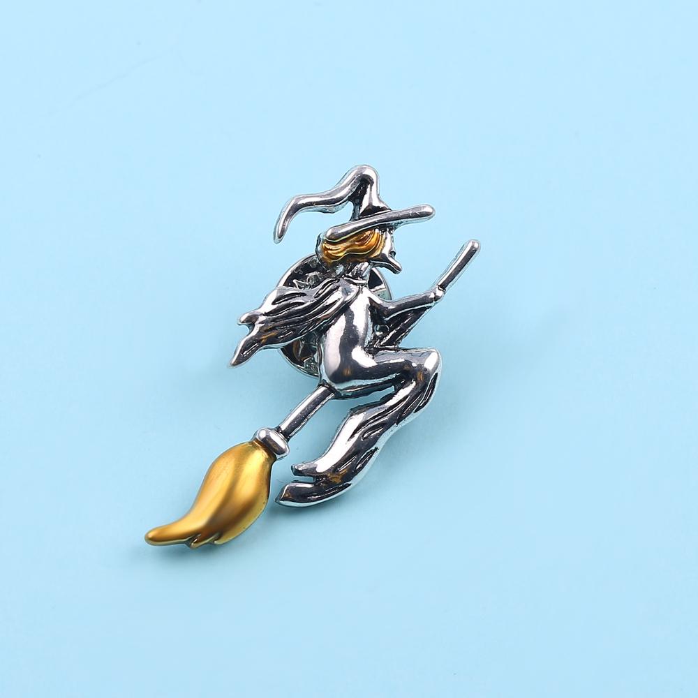 Top Quality Unique Metal Witch Riding A Broom In Flight Yellow Hair Hat Lapel Pins Brooch Women Accessories for Women