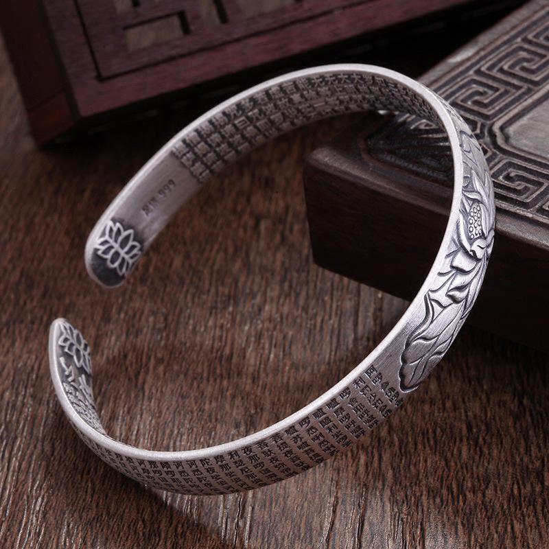 Thai Silver Heart Sutra Lotus Jackfruit Bracelet - Black Lotus Openwork Design