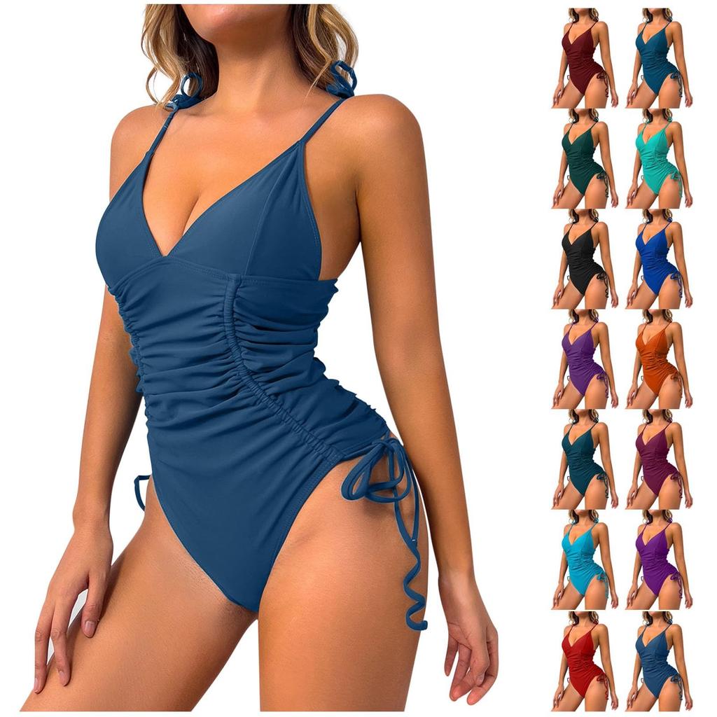 Women's Solid Color Drawstring Side Ruched Swimsuit Adjustable Straps Sexy V Neck Bathing Suit Bulit-in-Bra Swimwear