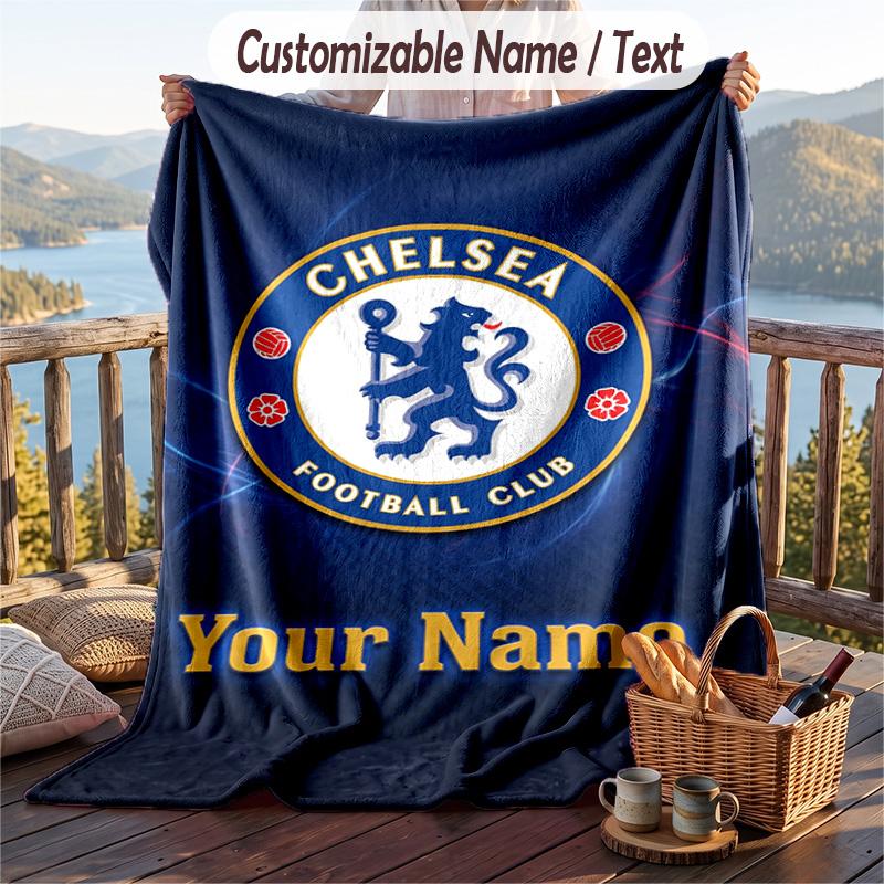 Flannel Blanket Chelsea FC Print Custom Name Text Soft Throw for Sofa Bed