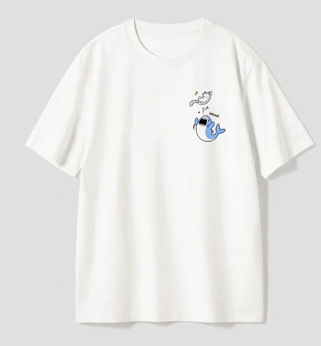 Cute Funny Cat Walking Shark Graphic TShirt Casual Tee for Student Women Unisex Streetwear Top Stylish Versatile Minimalist Simple