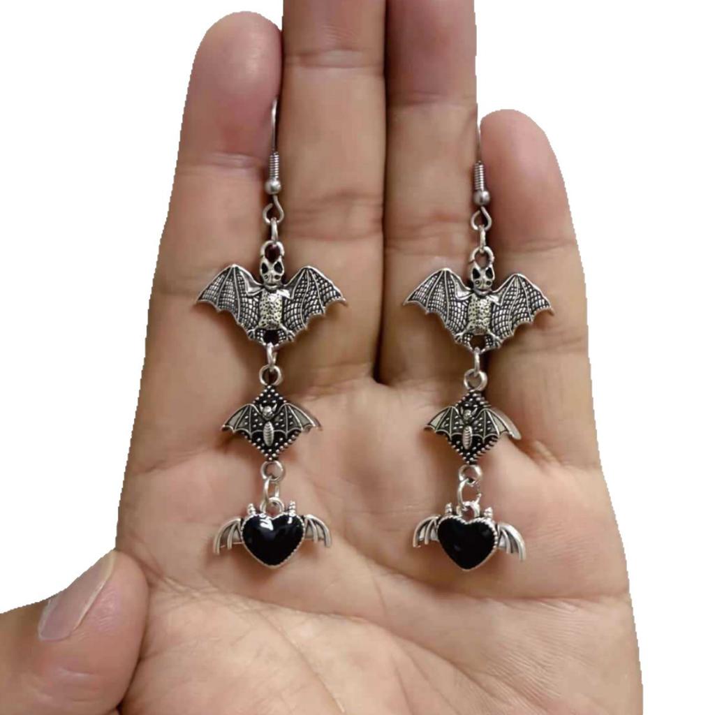 Gothic Bat Earrings, Punk Style, Red & Black Heart Dangle Earrings, Unique Statement Earrings