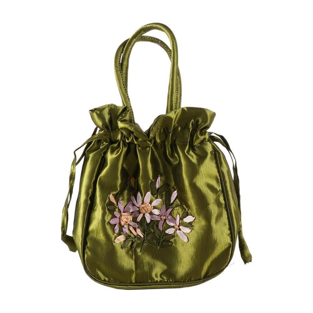 Satin Silk Hanfu Drawstrings Bag Leaf Small Purse Wallet Fashion Embroidery Flower Handbag Daily