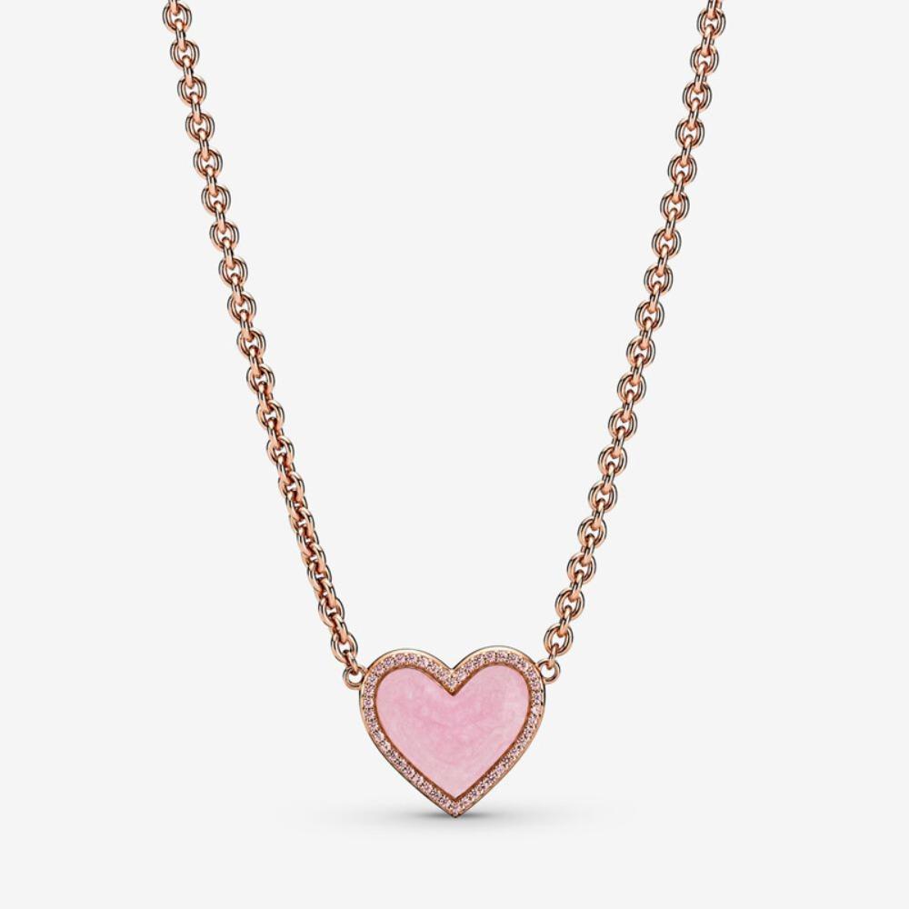 S925 Sterling Silver Pink Heart Snake Chain Couple Necklace Elegant Gift for Her 45cm