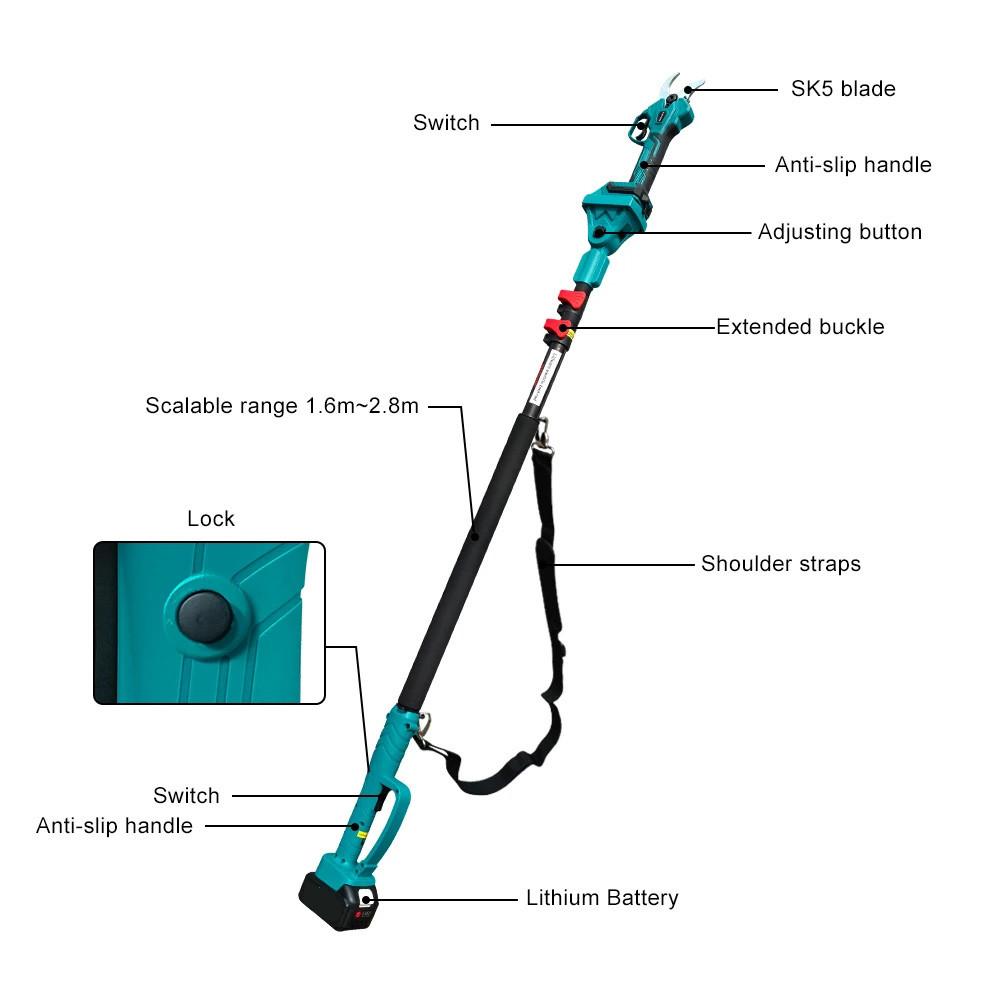 35mm Brushless High Branch Shears 2.8m Telescopic Extension Pole Portable Electric Pruner Orchard Shrub Pruning Branch Cutter