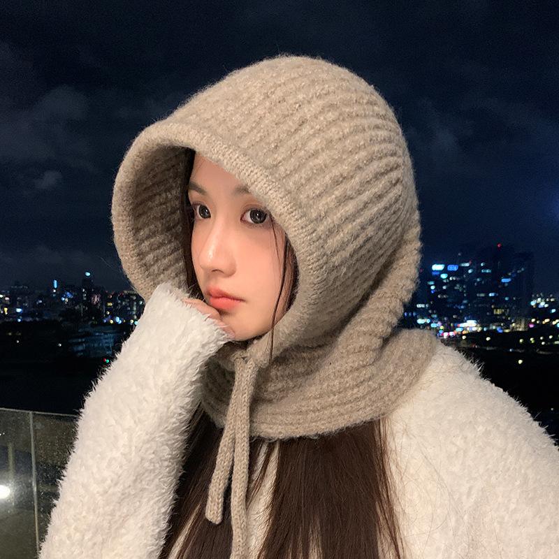 Autumn and Winter Hats for Women  One Piece Big Head Circumference Balaclava Hat Korean Versatile Windproof and Warm Wool Hat