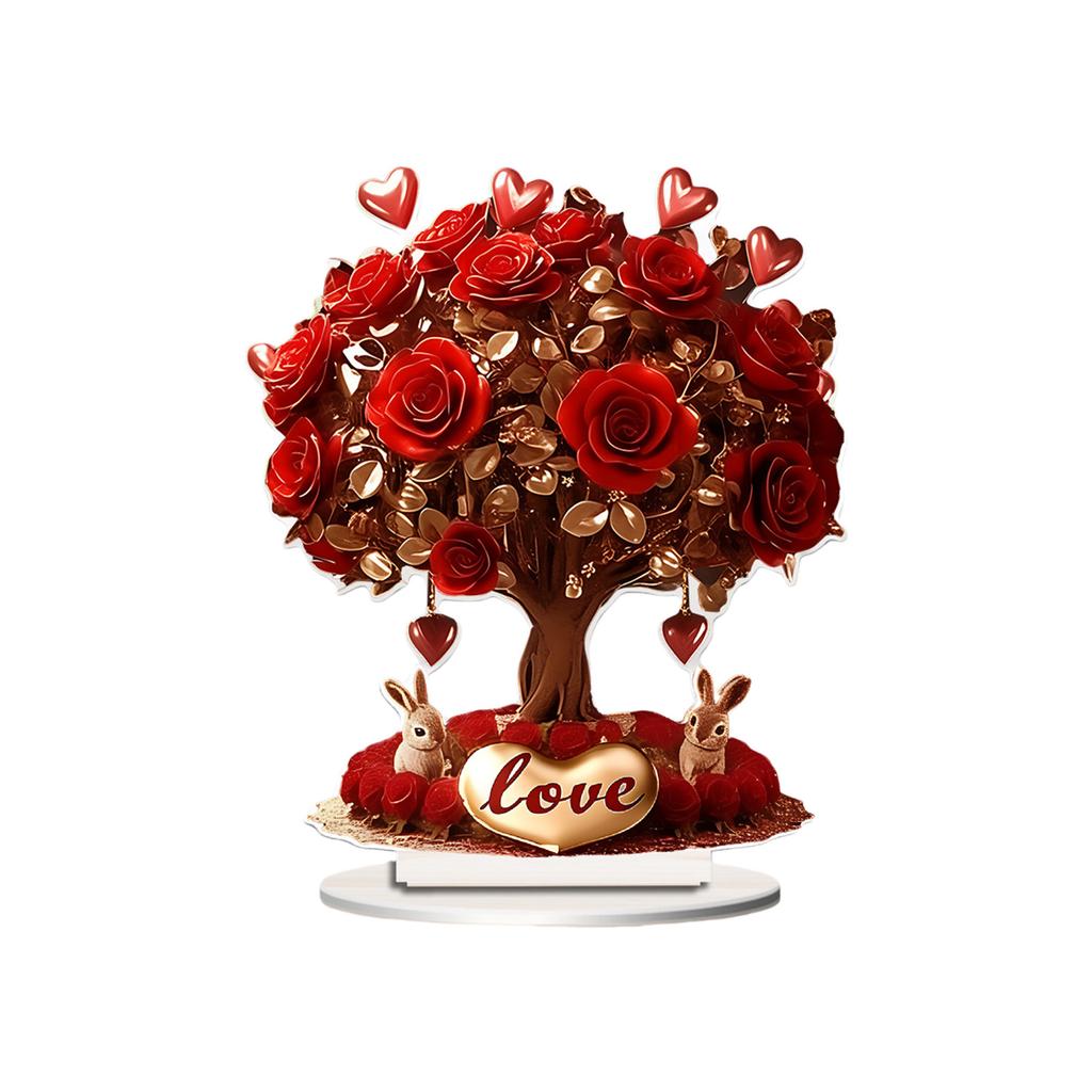 Romantics Heart Rose Flower Tree Sculpture 2D Acrylic Ornament with Base For Home Decors Wedding Anniversary Gift