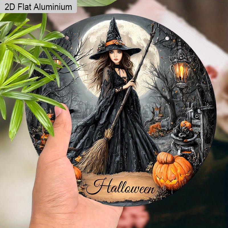 2D Flat Aluminium Halloween Sign with Witch Pattern - Halloween Figurine Ornaments - Ideal for Front Door, Wall, Porch, Window Decor - Ideal