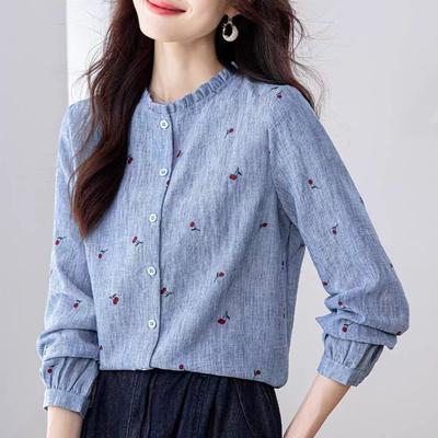 Literary Printed Long-sleeved Cotton Linen Shirts for Women Autumn Wear Temperament Casual Shirts Versatile Western Style Tops