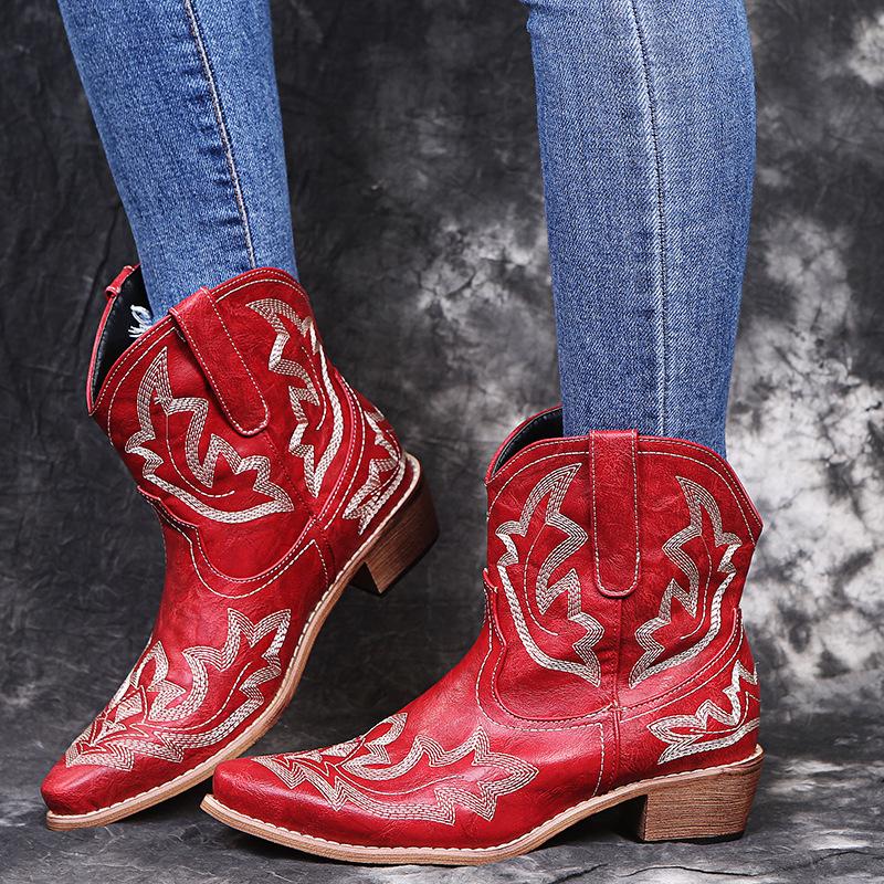 Fashion Spring Autumn New Women's Shoes Large Size Embroidery Pointed Toe Ankle Boots for Women Retro Thick Middle Heel Short Botines