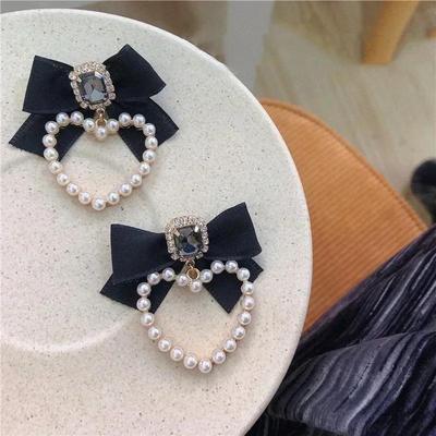Women Cute Fashion Black Bowknot Square Crystal Zircon Drop Earrings Elegant Pearl Heart Creative Gifts Accessories Decor