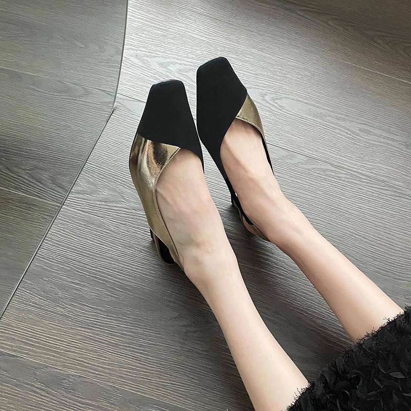 Sandalias Baotou de Bloque de Color Retro de Moda Verano Nuevo Punta Cuadrada Boca Baja Una Tira Espalda Vacía Antideslizantes Tacones Altos