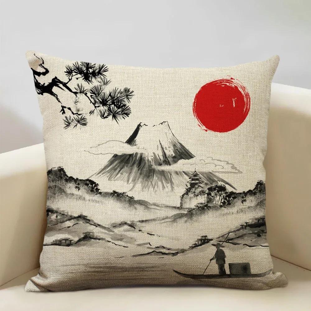 Home Decor Japanese Scenes: Cherry Blossoms & Mt. Fuji Pattern Cushion Cover Suitable for Sofa Bedroom Car Pillow Cover
