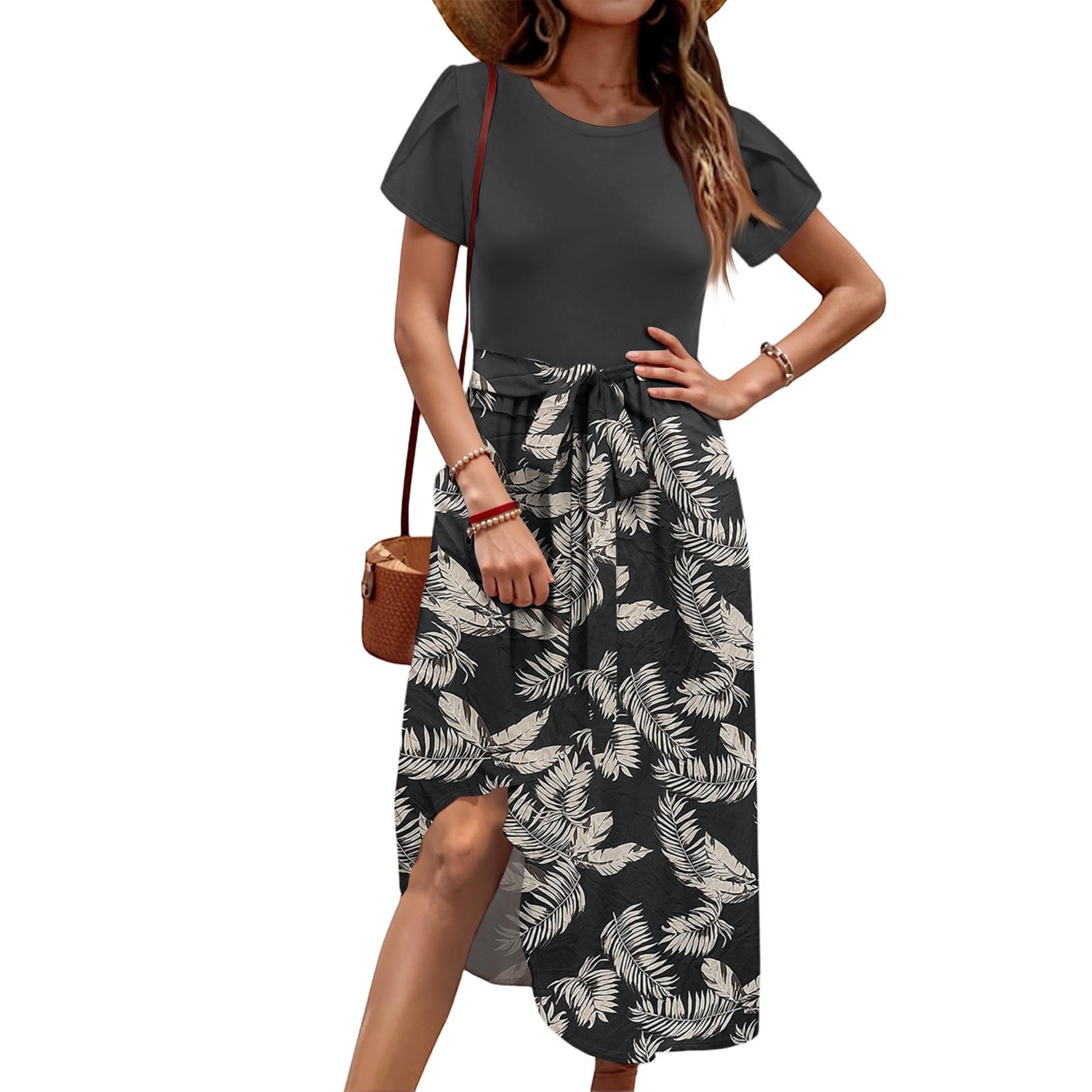 

Жіноча повсякденна милий візерунок друку круглий виріз міді сукня базова класична відкрита повсякденна сукня з короткими рукавами вільного крою XL